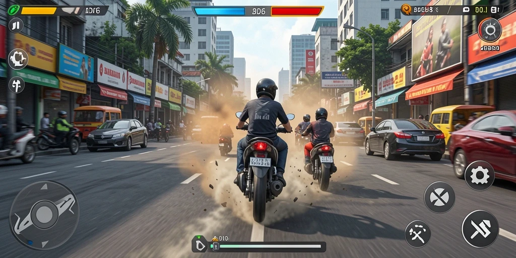 Screenshot D06 menampilkan balapan motor yang mendebarkan.