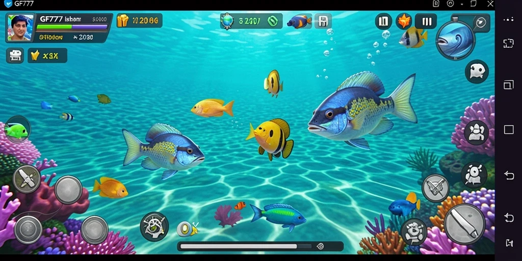 Tampilan gameplay seru GF777 dengan aksi menembak ikan.