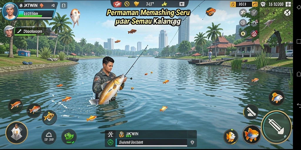 Screenshot utama JKTWIN menampilkan gameplay seru saat memancing.