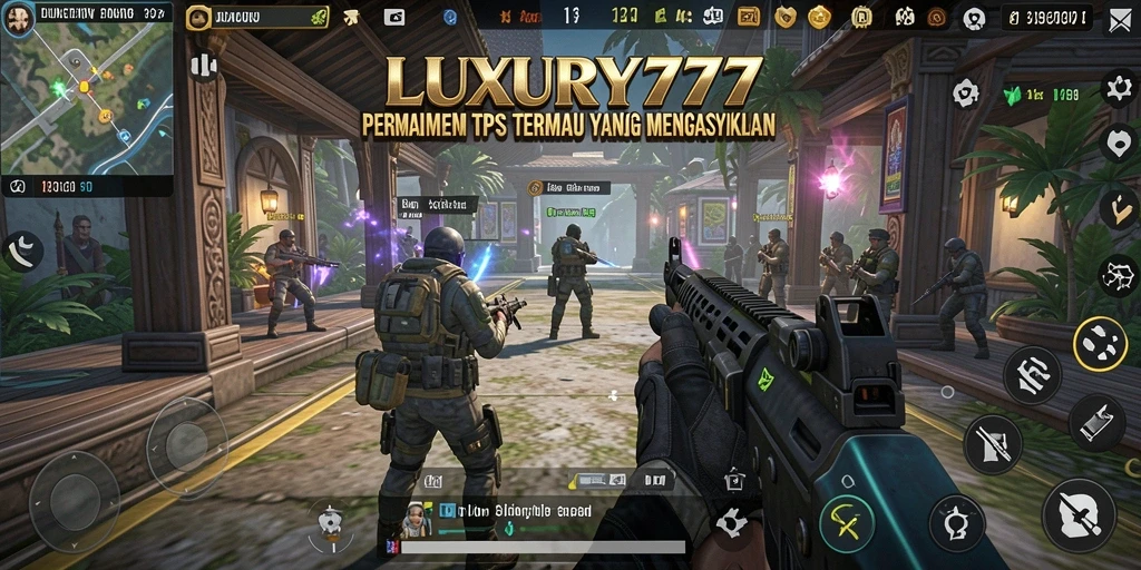 Screenshot gameplay LUXURY777 menunjukkan pertempuran intens dalam TPS.