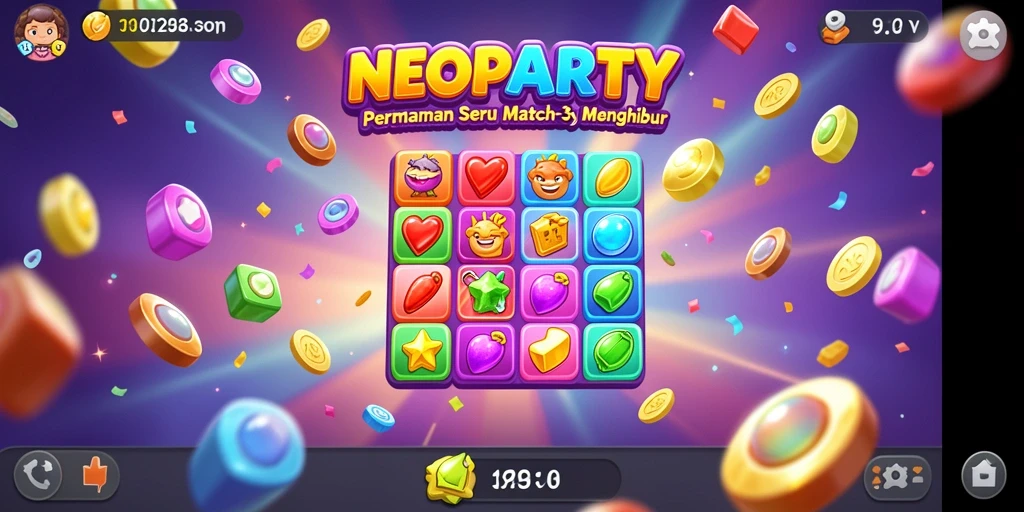 Tampilan seru gameplay NEOPARTY dengan mekanik Match-3 yang menantang.