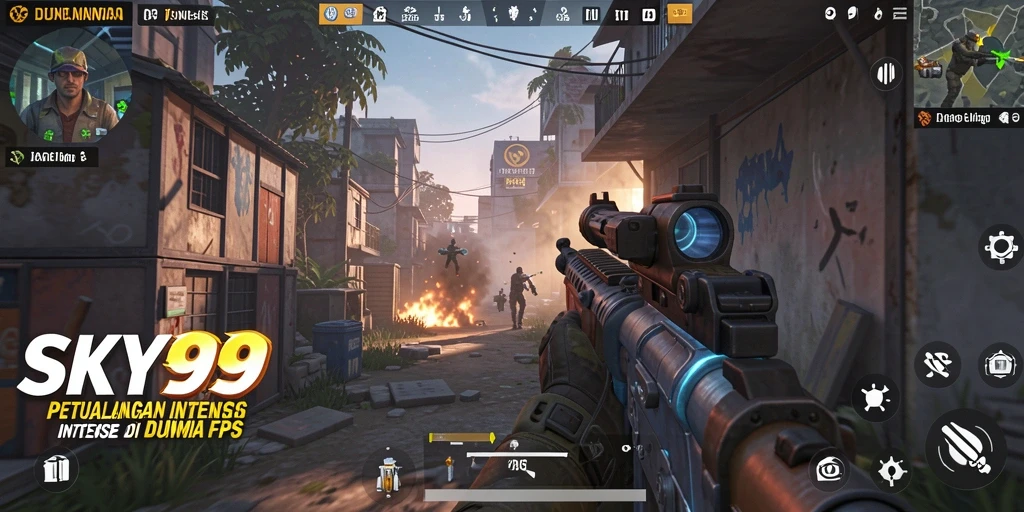 Screenshot gameplay SKY99 menampilkan aksi tembak-menembak yang seru di medan perang.