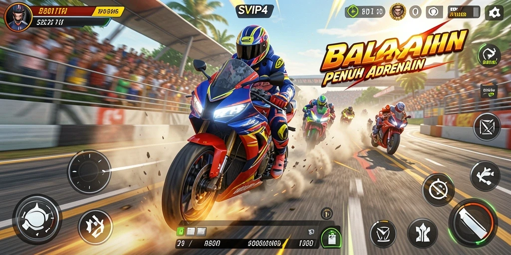 Tampilan gameplay balapan motor yang seru dan mendebarkan.