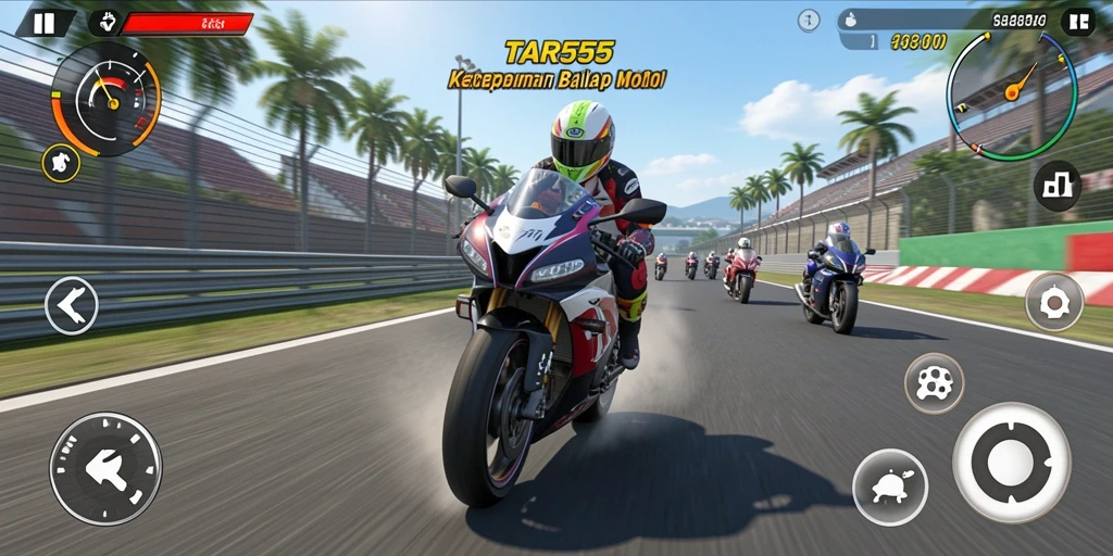Screenshot gameplay TAR555 menampilkan aksi balap motor yang intens.