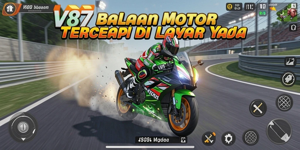 Screenshot V87 menunjukkan aksi balapan motor yang mendebarkan.