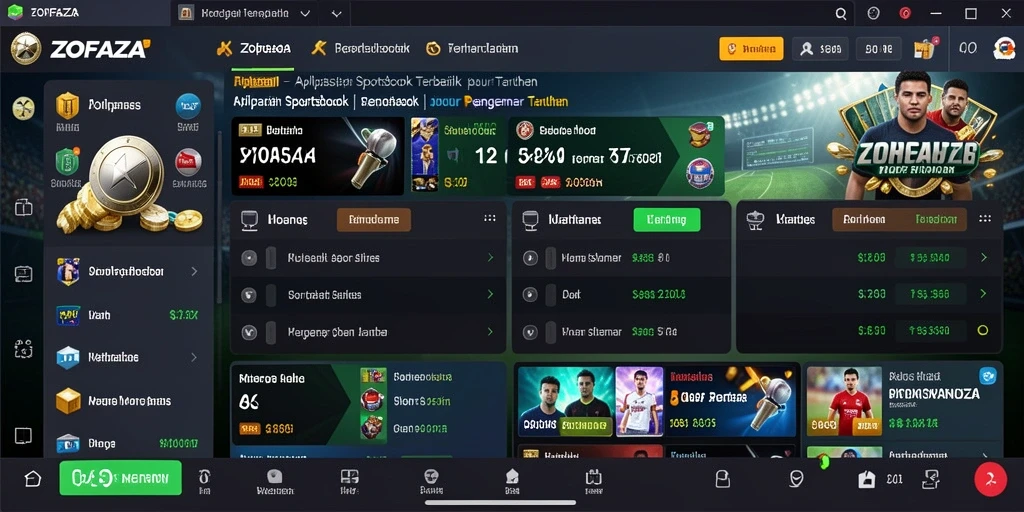 Screenshot ZOFAZA menampilkan antarmuka aplikasi Sportsbook yang menarik.